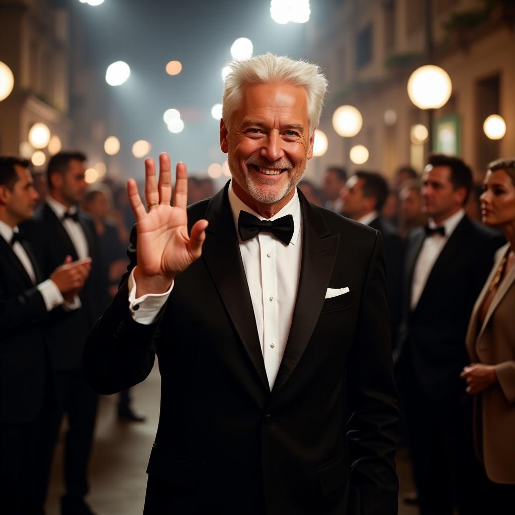 Smiling man in black formal suit at Hollywood event. Surrounded by flashes from cameras. Waving hand with fingers in a peace sign gesture. Close to the camera.