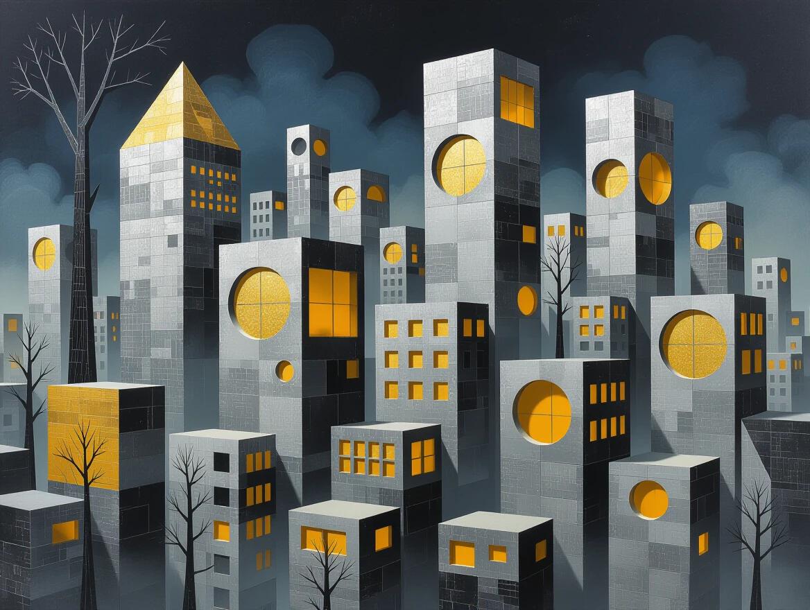 Dystopian retro futuristic cityscape at night. buildings with textures of grey cardboard and wood. brutalist architecture featuring geometric shapes like triangles and circles. silhouettes of tree trunks next to megalithic complexes. silver and gold mirrored windows reflecting the night atmosphere. hyper realistic depiction with an atmospheric haze.