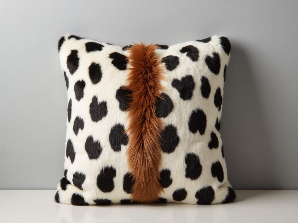 The image shows a decorative pillow with a faux fur cover, resembling the coat of a wild animal, like a cheetah or leopard. The pattern features black spots on a predominantly white background, with a strip of tawny color running down the center. The texture of the fur appears soft and fluffy, suggesting comfort and luxury. The pillow is placed against a plain, neutral background, highlighting its unique design. This type of pillow would add a touch of exotic elegance to a room, making it a statement piece in home decor.