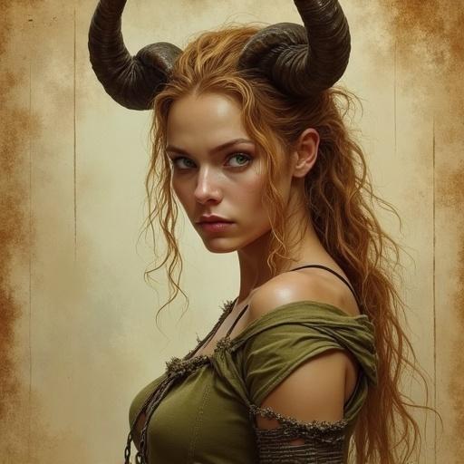 Portrait of a satyr woman with horns and honey hair. Green eyes enhance her fierce expression. The background fades into worn parchment at the edges, digital art styled after Antonio J. Manzanedo. The theme is fantasy and semirealistic, reflecting an epic medieval vibe suitable for D&D.