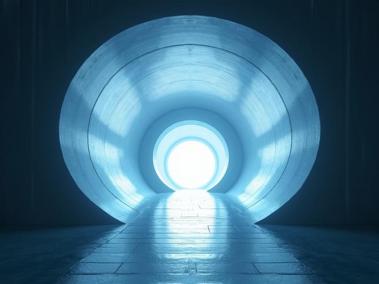 Dark atmospheric scene featuring a sleek metallic alien tunnel. The tunnel has a circular shape with smooth surfaces and bright light shining from the end. Soft reflections and blue lens flare enhance the realism of the environment.