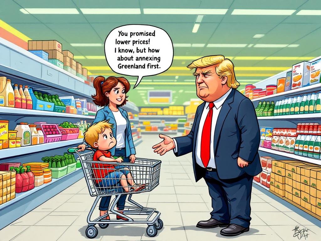 A cartoon illustrates a humorous moment in a supermarket. A mother stands beside a shopping cart with a child. The mother looks unimpressed while talking to Trump. Trump responds to her comment about prices. The background shows vibrant grocery shelves, creating a lively supermarket atmosphere.