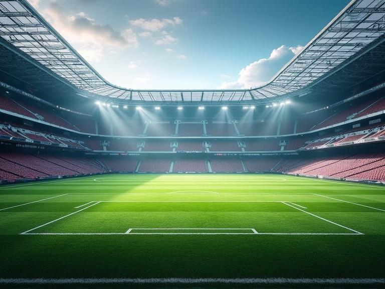 Image of a professional classic football stadium. The view shows an expansive football pitch with lush green grass and defined white markings. Surrounding stands are filled with red seats. The sky above is blue with clouds, and sunlight is streaming down onto the field, creating a vibrant atmosphere.