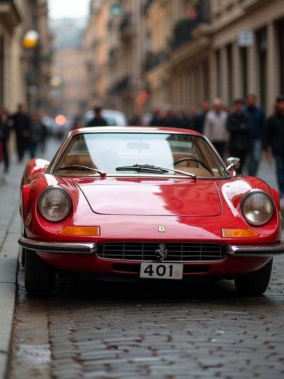 A vintage red Ferrari sports car parked on a cobblestone street with people in the background.