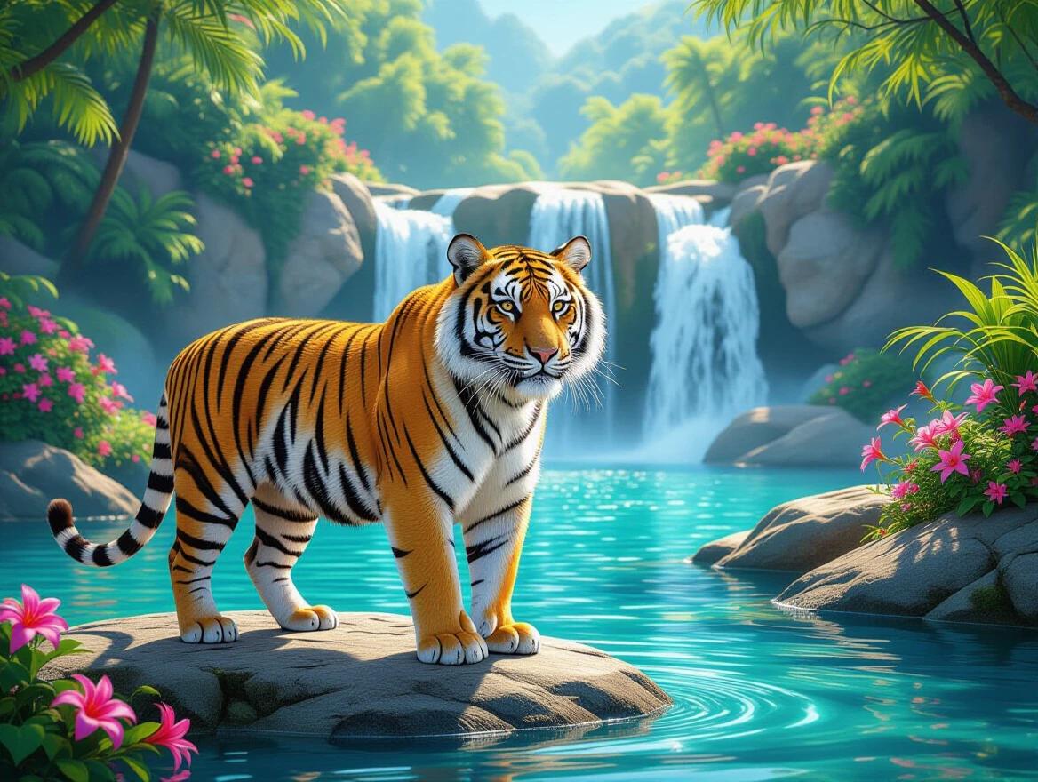 Tiger standing on a stone in the river. Blue water flows gently with flowers on the banks. Bright colors create a tropical scene. A waterfall cascades in the background. Front view captures the tiger's majesty.