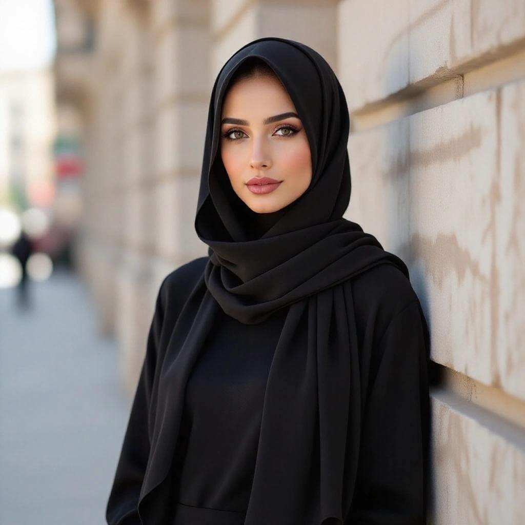 Portrait of a woman wearing a black hijab standing against a wall in an urban setting