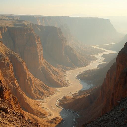 Aerial view of a canyon with a winding river. Geological features of a high plateau. Soft warm light highlighting the brown and orange hues of the rocks.