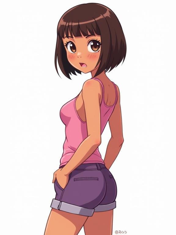 Character design featuring a teenage girl in a pink top and purple shorts. Brown bob hairstyle and brown eyes. Freckled skin adds to character detail. White background emphasizes figure. High resolution and quality illustration in a western comix style reminiscent of the Archer TV series.