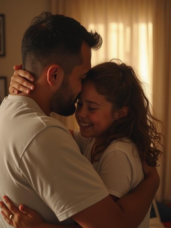 A high-definition vertical scene capturing a touching moment of parents hugging children emotionally. Faces show joy and tears, with warm soft light illuminating the scene. A homey atmosphere reflects deep affection in the reunion.