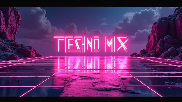 Futuristic neon album cover art with the text Techno Mix #2. Bright neon colors are used. A landscape with a glowing grid and rocky formations is featured.
