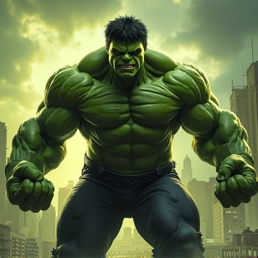 A powerful green superhero named Hulk standing in an urban setting. Hulk has an intense expression with pronounced muscles. Background shows city skyline with dramatic lighting.