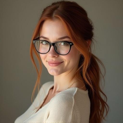 Portrait of a woman with auburn hair. She has glasses and warm hazel eyes. She exudes a cozy, elegant style wearing comfortable layers.