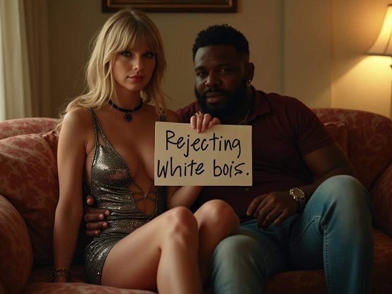 A beautiful woman sits with her boyfriend on a couch in a motel room. She holds a sign stating her preference. She wears a sparkly bodycon dress. The environment is relaxed and warm.