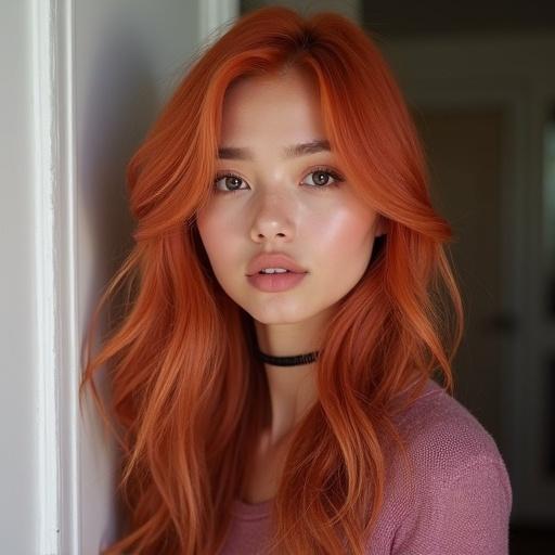 Portrait of a female model with vibrant orange hair. Soft lighting highlights natural beauty. Front view captures expressive features. Ideal for fashion and beauty contexts.