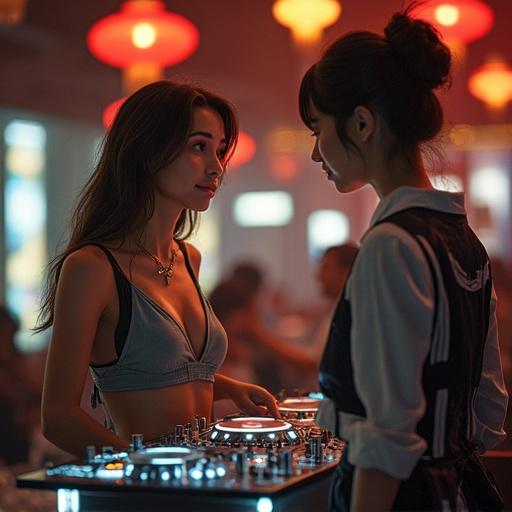 8k resolution. Colorful stage of world dance contest. Dreamlike angle. A cute female DJ dancing rhythmically while skillfully mixing. Bright smile. Sparkling blue eyes. Background of a lively crowd dancing. Bright colorful lights illuminating the scene. High quality detailed digital art.