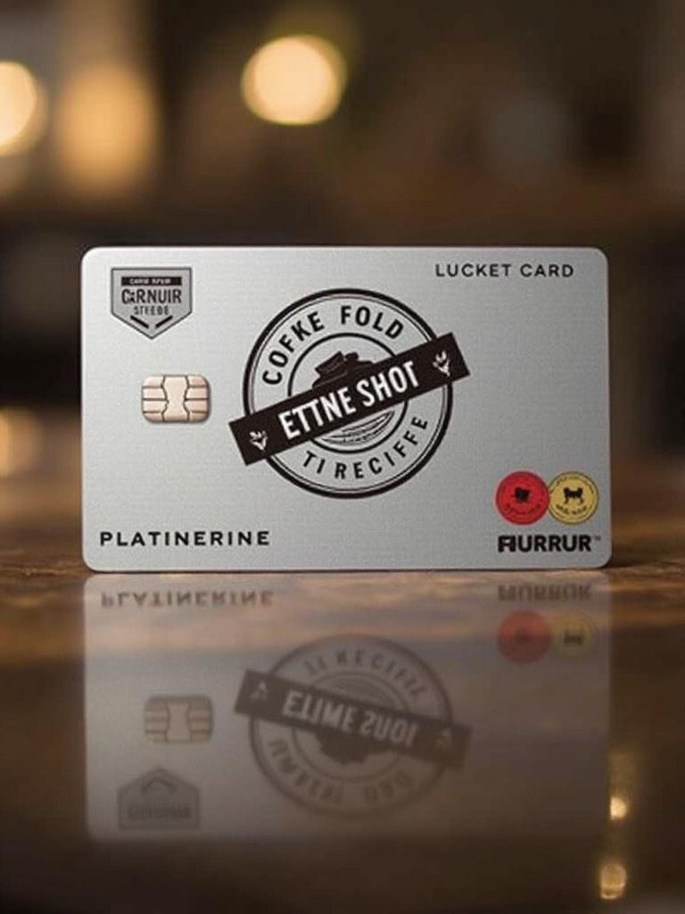 A silver platinum membership card for a coffee shop. Card features a logo and brand name. Designed for exclusive membership perks. Background is softly lit to enhance a cozy ambiance.