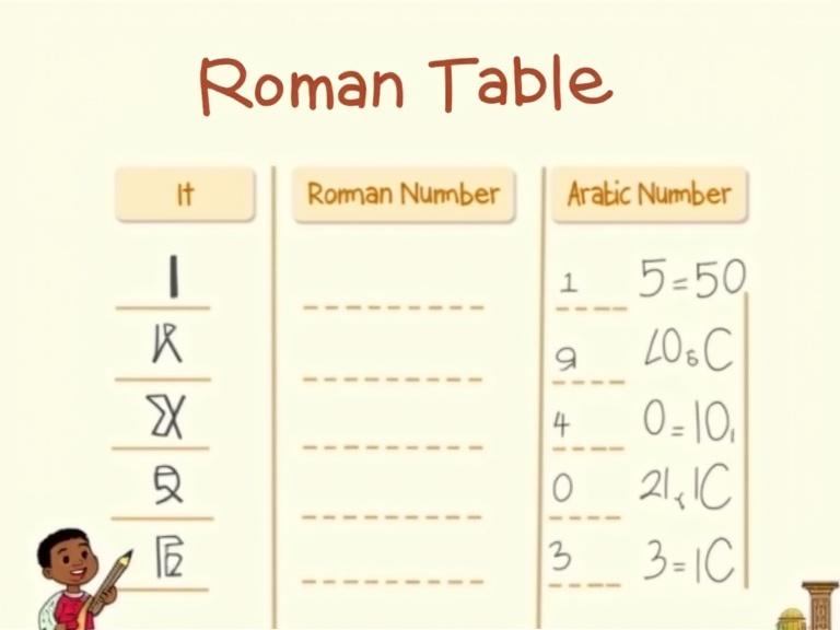 Illustration of a table showing Roman numerals I V X L C and their Arabic equivalents 1 5 10 50 100. Columns labeled Roman Numeral and Arabic Number. Large bold serif font for Roman numerals and child-friendly sans-serif for Arabic numbers. Alternating light colors in rows. Background is plain with a cartoon schoolboy holding a pencil looking up excitedly. Educational and simple tone, suitable for classroom use.