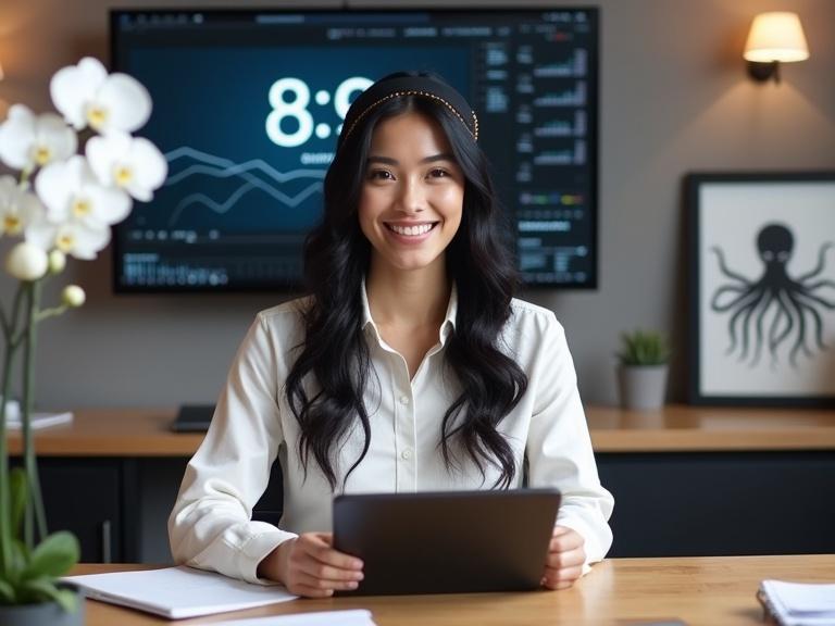 Photograph of a woman seated at a sleek wooden desk in an office setting. She has long black hair and wears a white blouse with a black headband. The desk includes a black tablet, white orchid, and papers. A large monitor displays a digital clock and graphs. The office features neutral tones and soft lighting, creating a productive atmosphere.