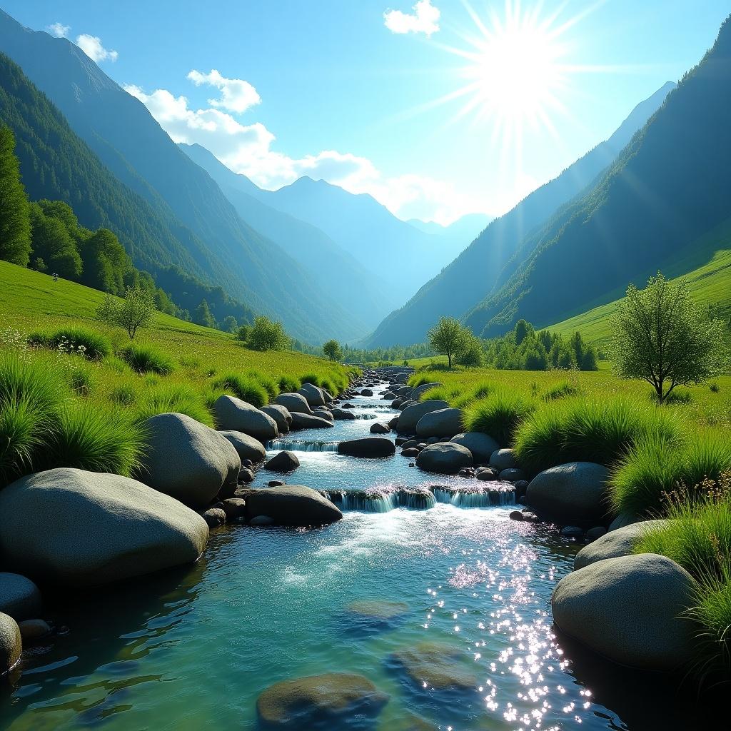 Captivating natural landscape featuring a clear mountain stream gently flowing through a verdant valley. Sunlight bathes the scene creating a peaceful atmosphere among lush greenery and blue-toned mountains in the background.