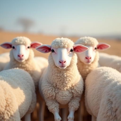 A group of white sheep with a pink sheep in the center. The scene is in a natural farm setting with soft lighting and a blurred background.