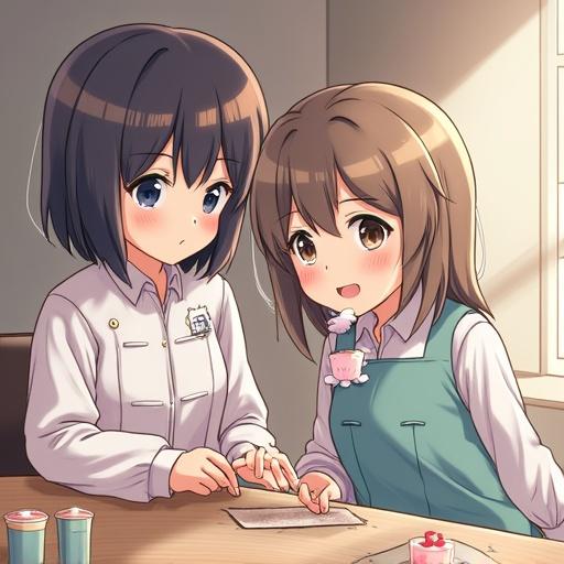 Two young girls sitting at a table. One girl is wearing a school uniform. The other girl is wearing an apron. They are engaging in a craft project together. The background shows a cozy, well-lit room with art supplies.