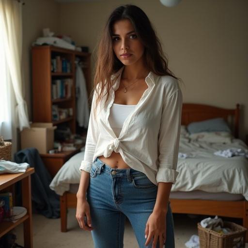 Chubby woman posing casually in a messy bedroom. She wears tight skinny jeans and a white shirt. She has big pouty lips, dark expressive eyes, and a slightly busty build. The room is cluttered with clothes on the floor and an unmade bed. There are personal items around. The lighting is warm with a casual atmosphere. It's an amateur photography style.