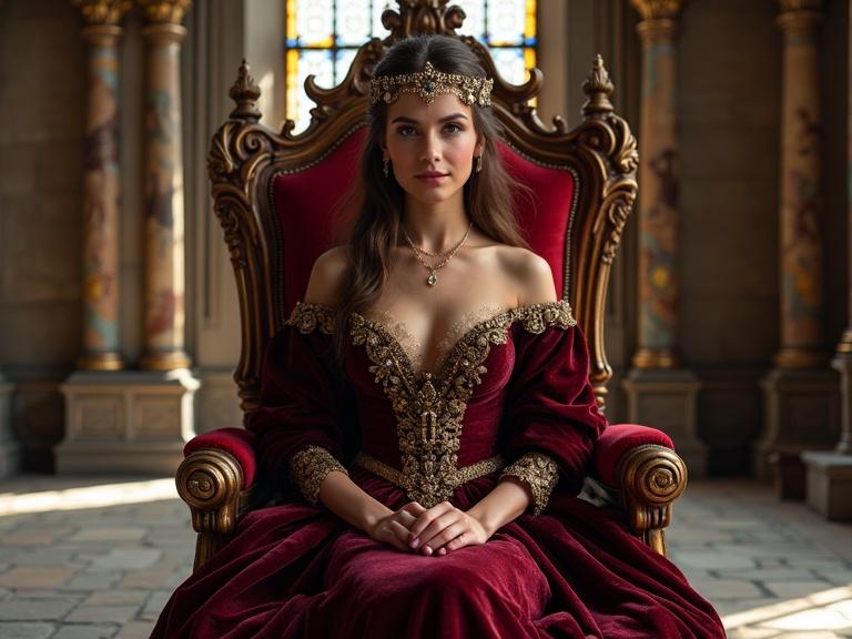 A princess in a deep burgundy gown with golden embroidery seated on a richly carved throne in a medieval castle. Room features stained glass windows and stone columns creating an atmosphere of historical elegance.