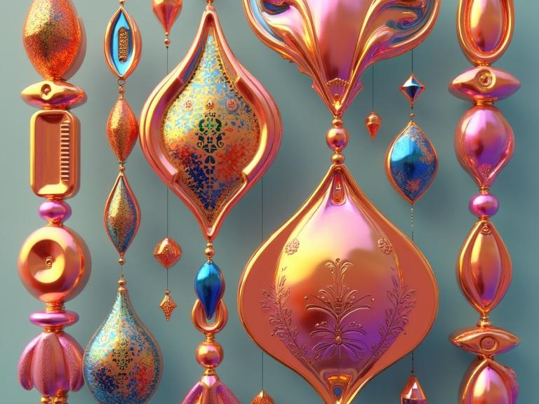 Digital rendering of abstract shapes with high reflectivity and glossy texture. Vibrant iridescent colors including golds blues cyans magentas with hints of purple green. Shapes arranged vertically connected with bead strings of circles and diamonds. Each unit features rounded rectangular forms with internal patterns. Below are larger teardrop shapes with intricate designs. Visible curvilinear and geometric accents. Bead strings include small iridescent circles and diamond shapes. Large flower resembling styles with radiating elements. Bright highlights deep shadows. Background resembles iridescent qualities.