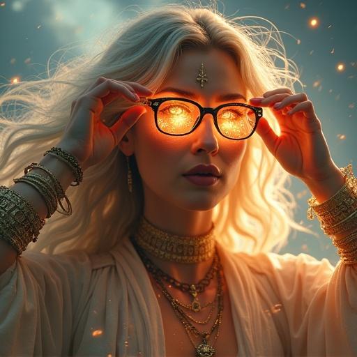 A goddess removes magical glasses. An immense burst of arcane energy occurs. Her eyes glow with ancient power. A magical aura surrounds her. Runes float in the air. Her hair and robes are blown by a surge of power. She has a divine expression. The lighting is cinematic. The style is hyper-realistic fantasy. A magical explosion and overload happen. She has glowing tattoos. The sky is dramatic. There is a storm of magic.