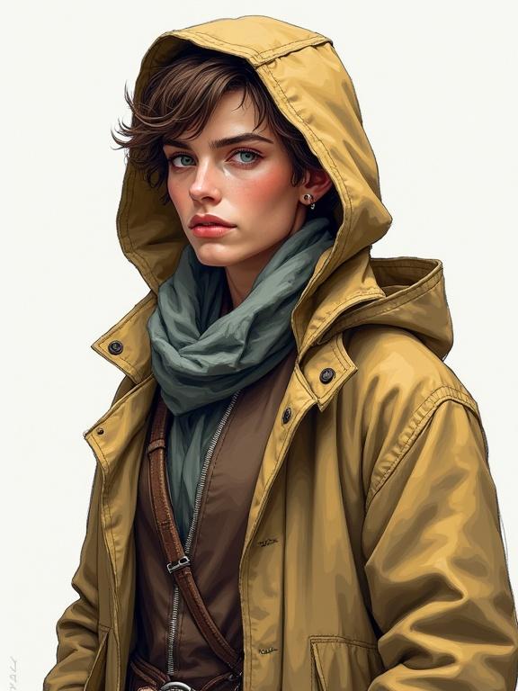 2.5D pen sketch of a medieval investigator half-elf in a comfortable raincoat with an intense expression. Colored pen style and stylized 3D effects visible through pencil strokes, paper texture, matte shading, non-photorealistic rendering, soft cel shading, and lighting.
