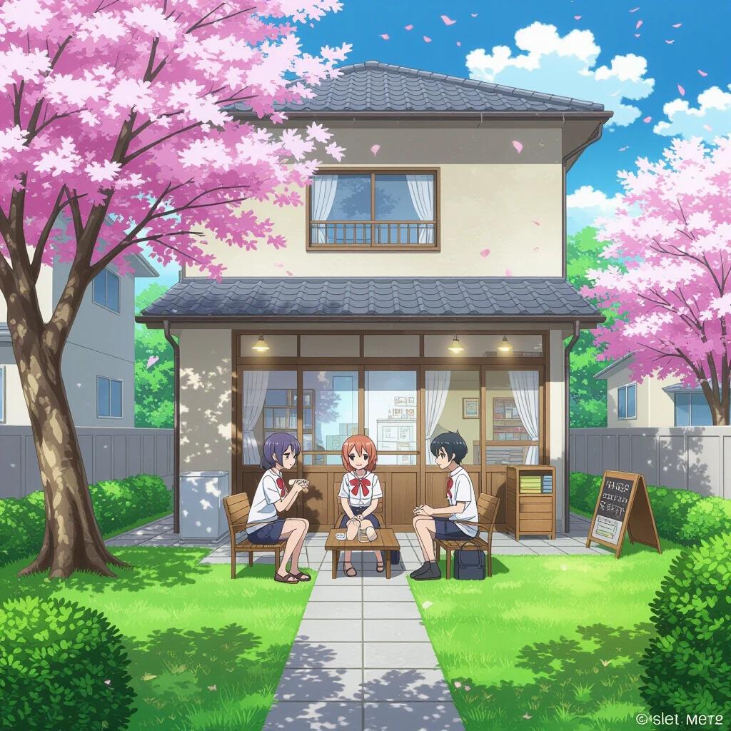 Student house with three students sitting outside under cherry blossom trees. Bright colors and blue sky. Anime style illustration.