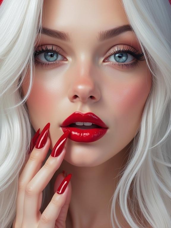 Hyper-realistic and highly detailed image of a beautiful woman with long straight white hair. She has large blue eyes with long eyelashes. Her full lips are painted bright red. The mouth is wide open, revealing her tongue, while she points at her mouth with a finger adorned with shiny red nails. The perspective is frontal and engaging, directly looking at the viewer.