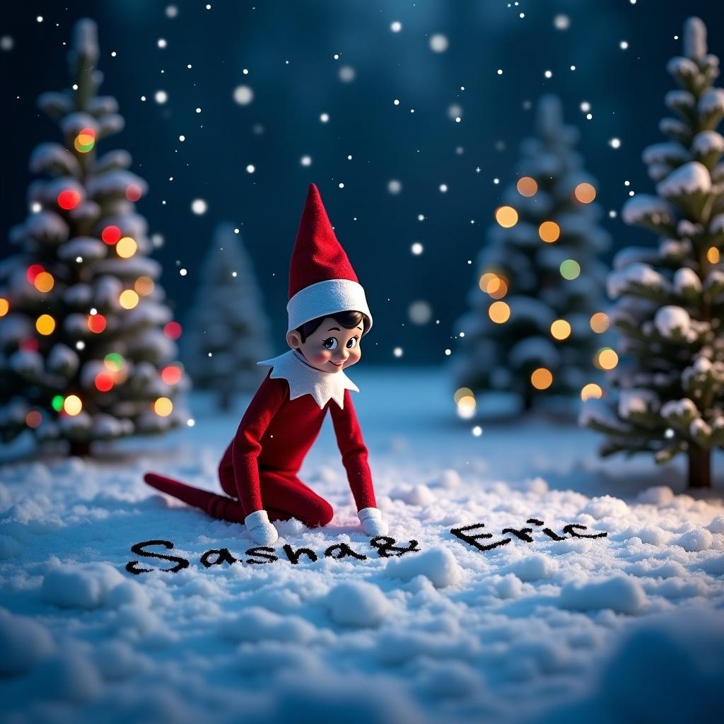 Elf character in snowy landscape at night. Elf writing names Sasha and Eric in snow. Christmas trees with colorful lights in background. Snowflakes falling, creating a magical winter scene.