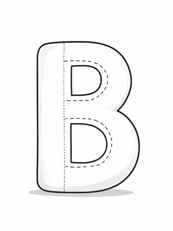 Uppercase letter B for tracing. Dotted lines for practicing writing. Simple outlined design. Large cartoon ball nearby. Clean vector art style. Minimal background. Suitable for preschool learning. No shading. Plain white background for easy printing.