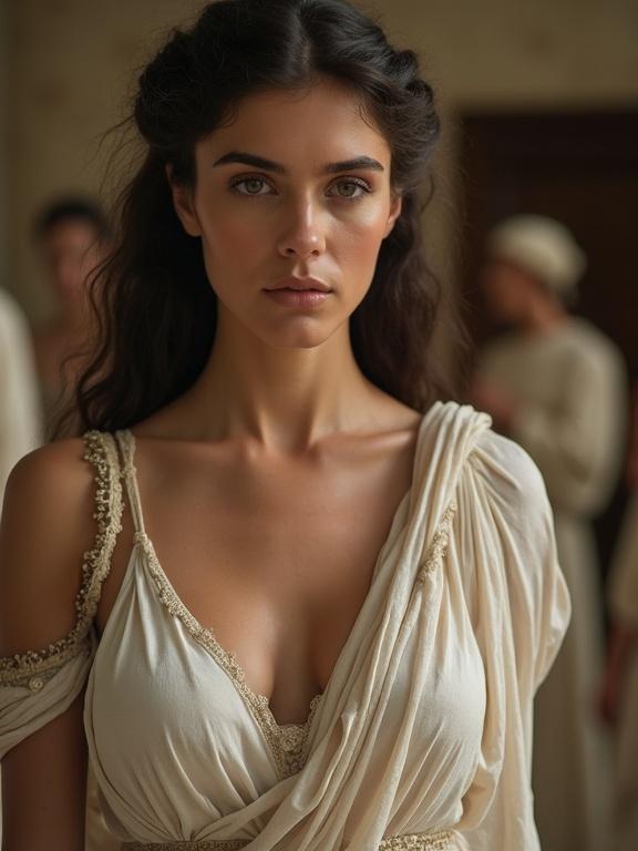 A woman dressed in an ancient Greek style walking. The attire features soft draping emphasizing the neckline and cleavage. The environment suggests a classical theme with muted backgrounds.
