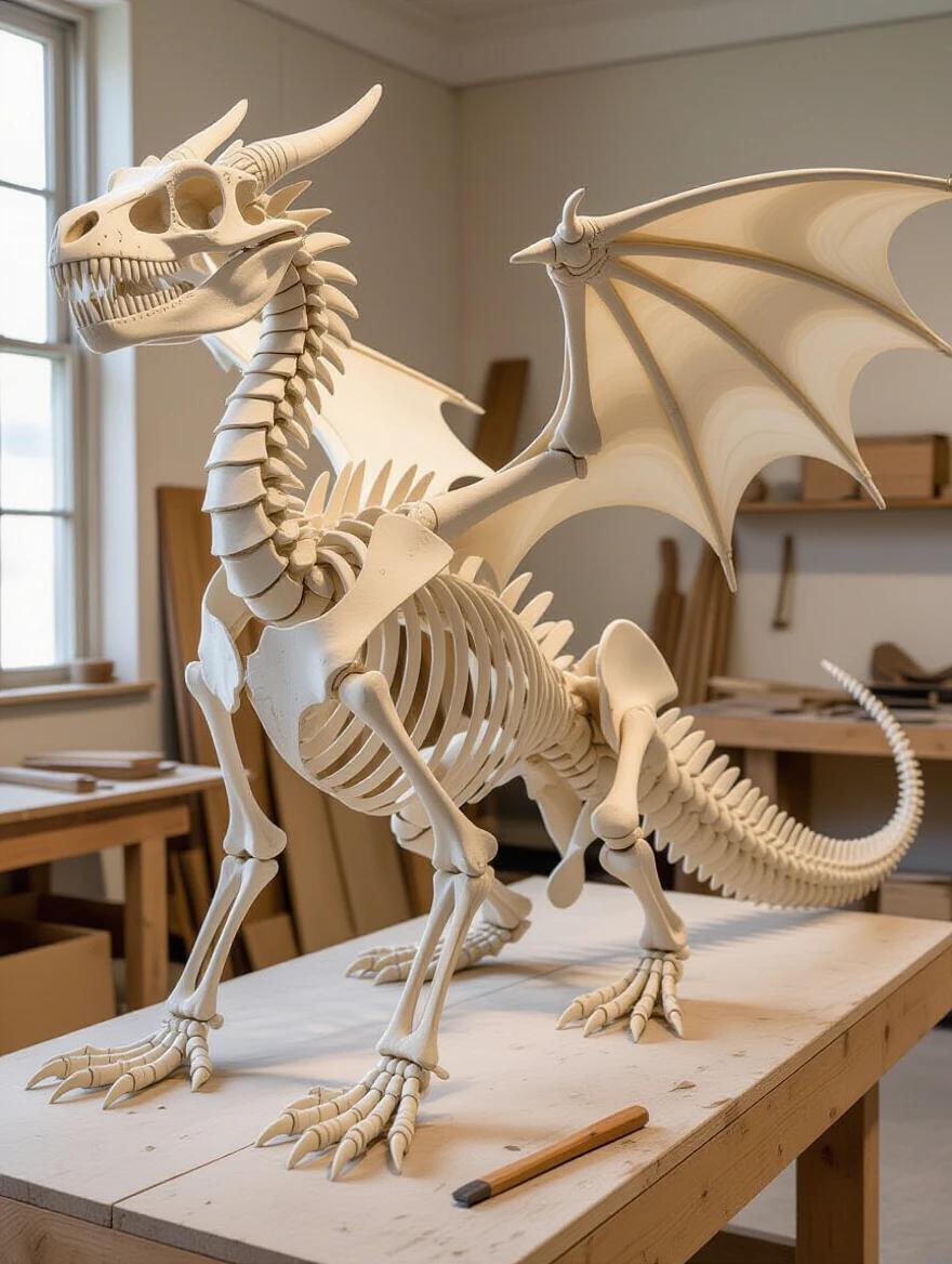 A dragon skeleton carved from bleached white wood. Assembled with traditional woodworking joinery. Authentic hand-carving tool marks visible. Natural aging creates bone-like patina. Mortise and tendon joints show natural articulation. Displayed in a workshop with carving tools and sketches. Museum-style lighting emphasizes skeletal structure. Surrounding elements indicate scientific study.