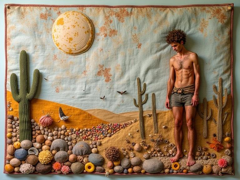 Primitive desert landscape quilt depicted with a naked Hercule figure. The artwork features a variety of mixed media including fabric, dried flowers, buttons, shells, and yarns, combined with encaustic wax and oil. The emphasis is on detailed interplay of textures.