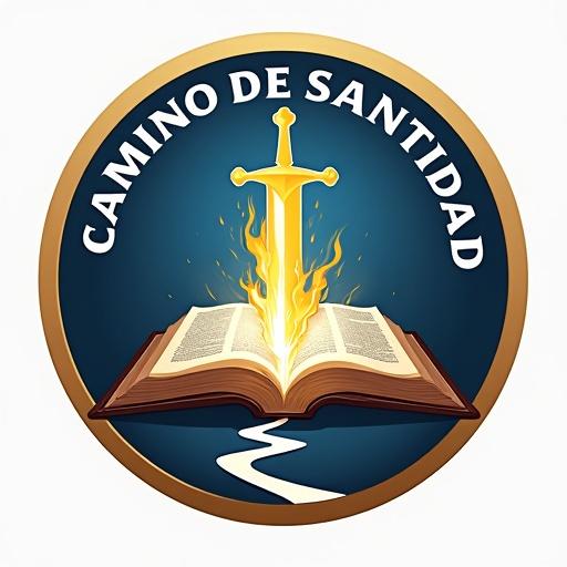 Design a circular logo for a Pentecostal Evangelical church named Camino de Santidad. Include text CAMINO DE SANTIDAD in bold modern letters and optional Iglesia Evangélica Pentecostal below in smaller font. Central symbol should be an open Bible with a divine hand and a flaming sword emerging from its pages. Surround the sword and Bible with subtle flames representing the Holy Spirit. Add a stylized path at the bottom for the Path of Holiness concept. Use clean lines and a professional look with deep blue, gold/yellow, and white. Consider a thin golden outline as a circular border. Position church name at the top and central elements in the middle.