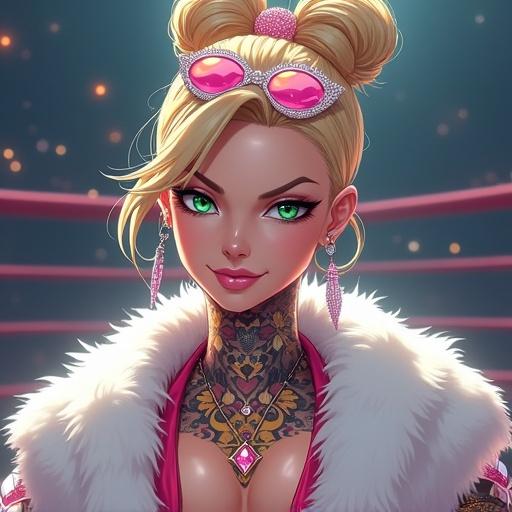 Futuristic anime character in a martial arts arena. Elegant woman with emerald green eyes. Light blonde hair styled in a bun. Wearing pink diamond jewelry and a luxurious fur coat. Muscular physique with tattoos. Joyful and tough expression. Styled for a modern battle arena.