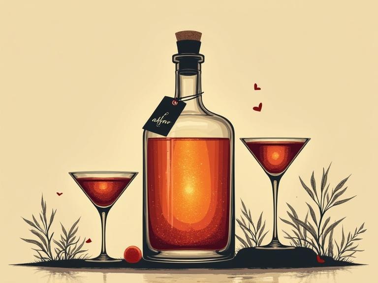 Minimalist screen printing artwork depicts a cocktail liqueur bottle with a cork and hang tag in a simple scene. Two cocktail glasses filled with the same liquid are placed next to the bottle. The background is beige. The composition is clean, bold, and elegant, following the golden ratio.