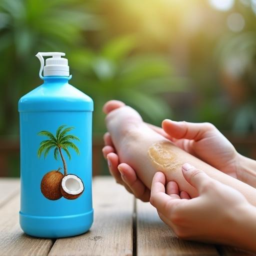 A blue plastic bottle with coconut and coconut tree illustration on a wooden table. Close-up of a person applying oil on burn scar on forearm. Background features a blurred outdoor garden.