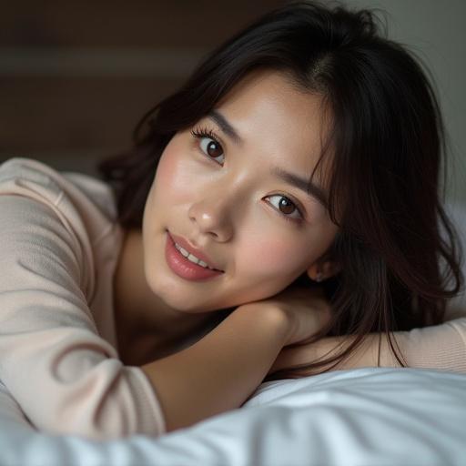 Close-up of a brunette woman with shoulder-length hair and refined features. She has almond-shaped eyes and is wearing light pajamas. Lying face down on a bed, her feet slightly elevated, she gazes relaxed at the camera.