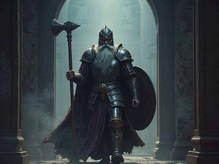 Dramatic depiction of a cleric with gray beard in shining armor at temple entrance. Shows aggressive stance with hammer and shield. High fidelity in details and textures.