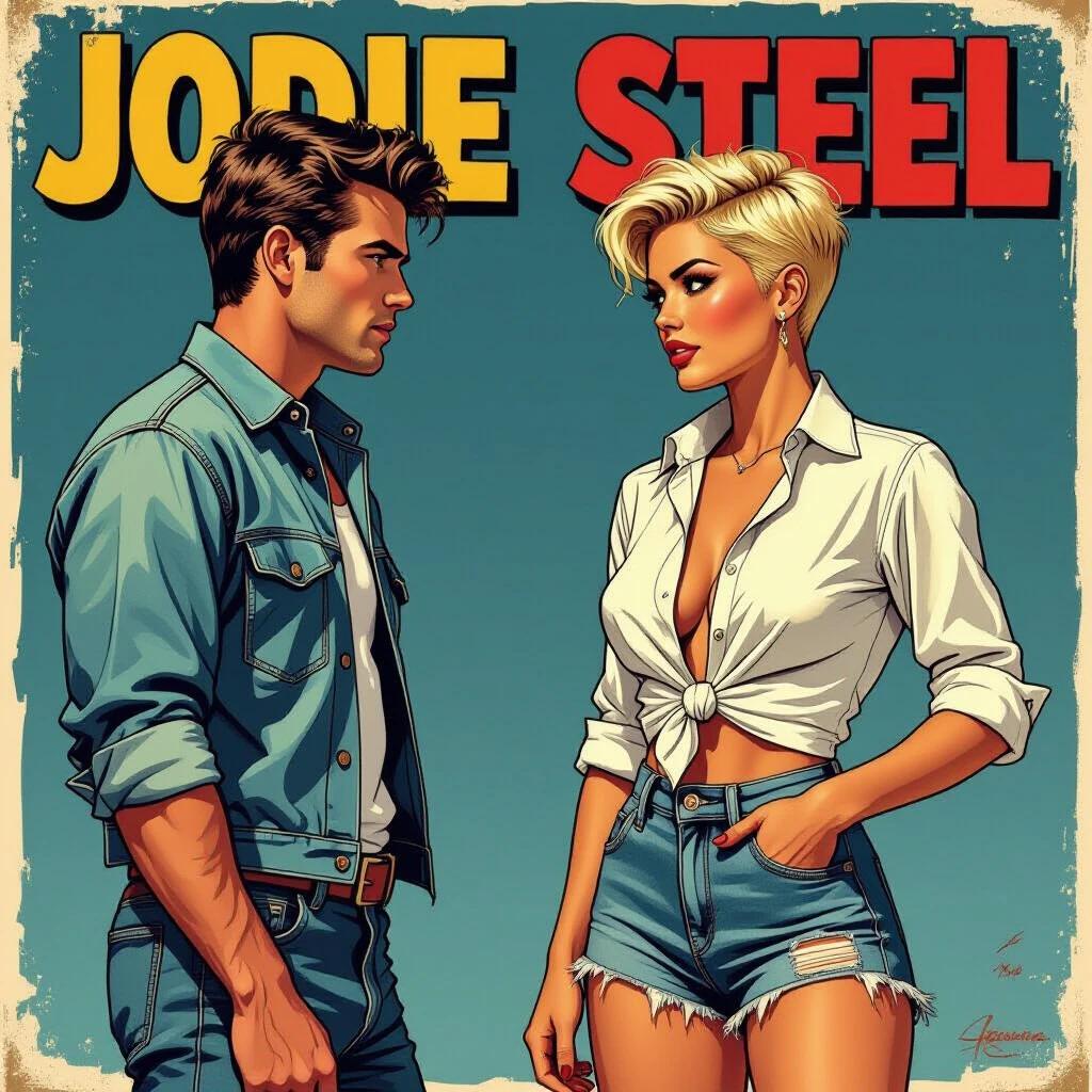 Comic-style illustration of a confident woman standing across from a famous actor. The woman has a straw blonde punk hairstyle. She wears an unbuttoned white shirt tied at the waist. Faded ripped denim shorts highlight her fashion sense. She poses with hands on hips, looking challengingly.