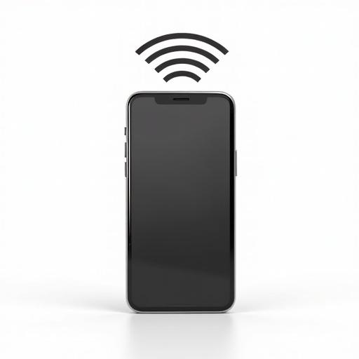 Realistic depiction of a cellphone on a white background. Cellphone shows emits radio waves. Clean and simple layout.