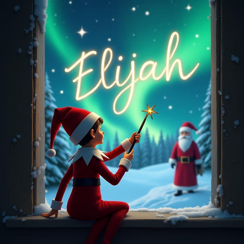 The image depicts an elf on the shelf sitting by a window with his back to the viewer. He is using a wand to create the name 'Elijah' in sparkling letters in the night sky. The background features a beautiful winter landscape illuminated by the northern lights, adding a magical touch to the scene. In the distance, Santa Claus can be seen, creating a joyful and festive atmosphere. This enchanting artwork captures the spirit of Christmas and the charm of holiday traditions.