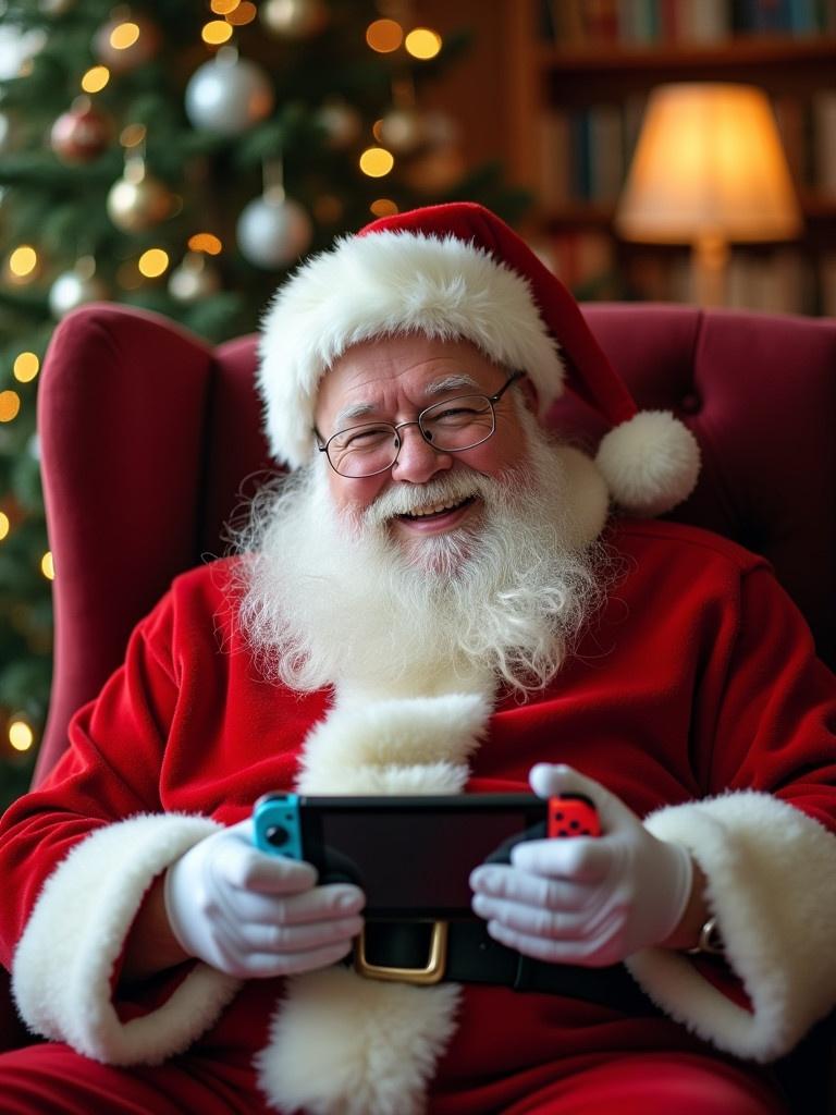 Santa Claus seated in a cozy armchair holds a Nintendo Switch controller while smiling cheerfully. The background features a Christmas tree with lights.