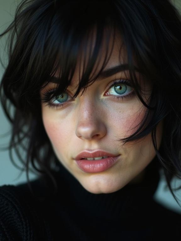 Extreme close-up portrait of a beautiful woman with turquoise eyes smirking in a black knit sweater. Hair draped over one eye, large lips, film grain effect, soft lighting, leaning towards the camera.