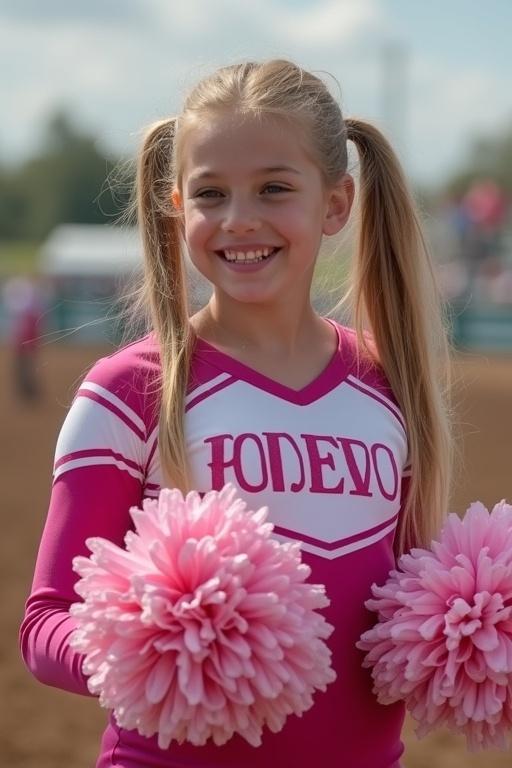 Teen woman has long blonde hair in two side ponytails. Dressed in pink and white cheerleader uniform. Holds pom poms and cheers at rodeo.