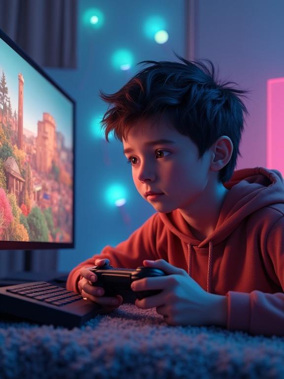 3D image of a boy playing a video game. The boy is focused on a computer screen with vibrant colors. Ambient lights create a cozy atmosphere. A gaming controller is in his hands. The setting suggests a modern gaming environment.